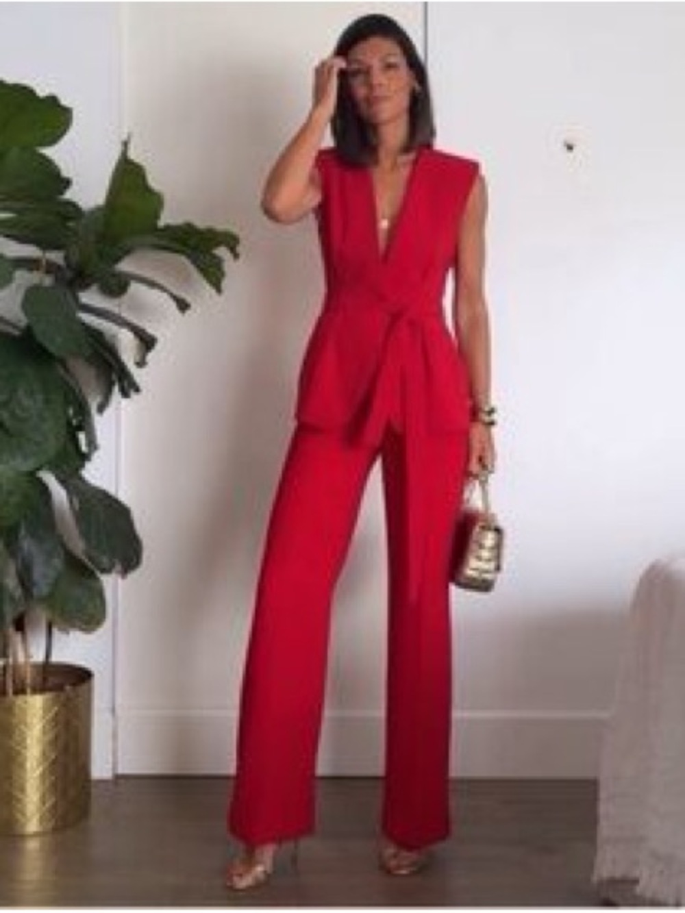Zara Red Sleeveless Tailored Jumpsuit with Waist Tie size medium